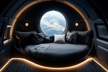 Aufkleber - Relaxing in a futuristic space cabin with views of Earth from the window during a cosmic journey