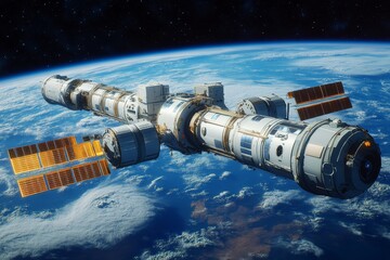 Aufkleber - Space station orbiting Earth with solar panels reflecting sunlight in a breathtaking view of the planet below