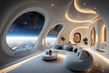 Aufkleber - Modern lounge with panoramic view of Earth and stars, showcasing luxury and futuristic design at the edge of space