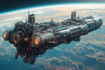 Aufkleber - Spaceship hovering above planet with intricate design and glowing engines