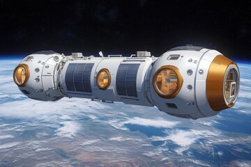 Poster - Advanced space station module orbiting Earth with solar panels and observation windows in view