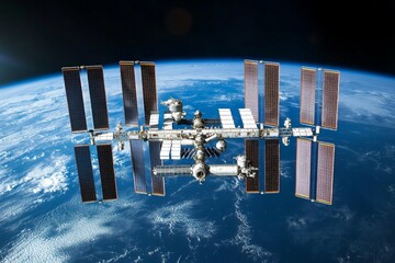 Poster - International Space Station orbits Earth, showcasing solar panels and advanced technology in low Earth orbit