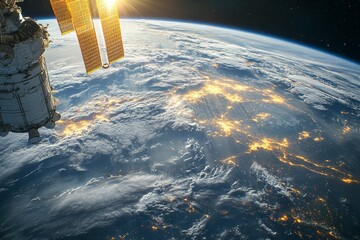 Poster - View of Earth from space with city lights visible at night and the sun illuminating the horizon