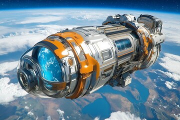 Aufkleber - High-tech spacecraft gliding through the atmosphere above Earth with vibrant blue and orange details