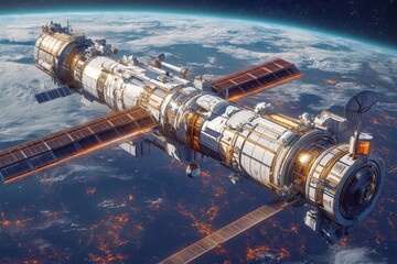Aufkleber - Space station floating above Earth showcasing advanced technology and stunning planetary views at dawn