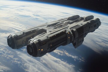 Aufkleber - Spaceship navigating the orbit of Earth, showcasing advanced technology and design against the backdrop of clouds