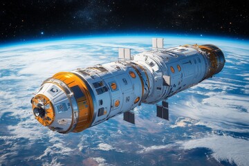 Aufkleber - Space station module orbits Earth, showcasing technology and Earth's beauty from space