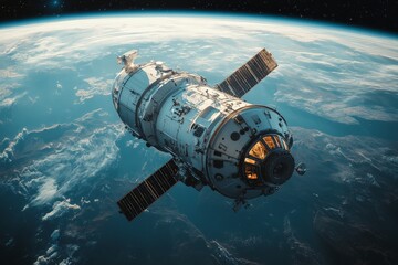 Aufkleber - Expedition module orbits Earth showcasing advanced technology and breathtaking views