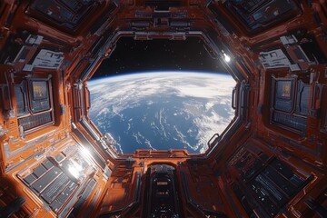 Aufkleber - Incredible view of Earth from a futuristic space station with intricate interior design during daylight hours