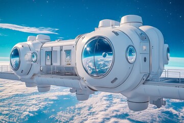 Poster - Space station orbiting Earth showcases futuristic design and panoramic views through large windows