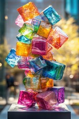 Poster - Captivating outdoor sculpture of colorful glass cubes stacked high against a blurred urban background creating a vibrant and modern artistic impression