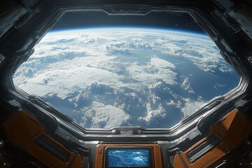 Aufkleber - View of Earth from a space station window showcasing clouds and the curvature of the planet during daylight hours