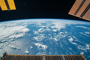 Poster - View of Earth from space station showcasing clouds and ocean at dawn