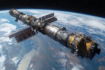 Poster - Advanced space station orbits Earth, showcasing intricate design and technology in the vastness of outer space