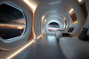 Aufkleber - Futuristic lounge with panoramic views of Earth from space station during nighttime