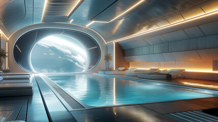 Aufkleber - This Luxurious indoor pool area in a space hotel showcases Earth through a large window.