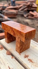 Poster - Exquisite wooden stool with unique grain pattern crafted in workshop with wood shavings and blurred background showing lumber for carpentry project