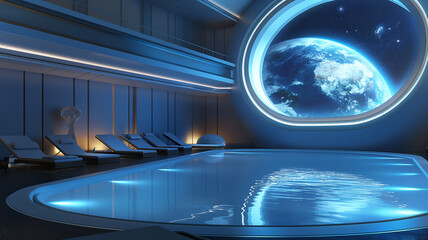 Poster - This Guests enjoy a serene moment by the pool, overlooking Earth from a luxurious space hotel.