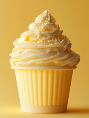 Poster - Delightful vanilla cupcake with creamy frosting and golden sprinkles on a sunny yellow background