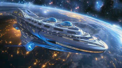 Aufkleber - This luxurious space hotel orbits the Earth, designed for suborbital tourism and relaxation.