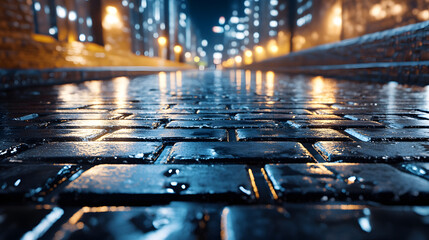 Poster - A wet, cobblestone street reflects nighttime city lights, creating a moody and atmospheric scene
