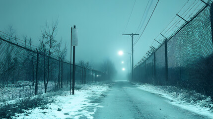 Poster - A foggy, wintry scene features a desolate road lined with a chain-link fence, illuminated by distant streetlights under a moody atmosphere