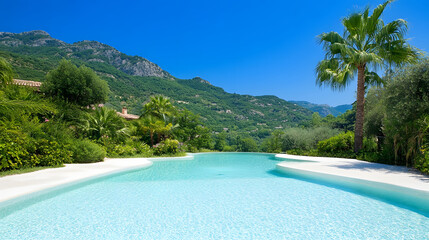 Poster - A serene pool surrounded by lush greenery and mountains under a bright blue sky, perfect for relaxation and leisure