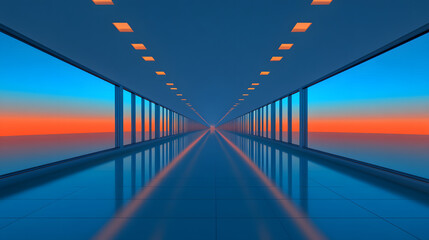 Poster - A serene corridor with a reflective surface, illuminated by soft lights, leading to a colorful sunset horizon