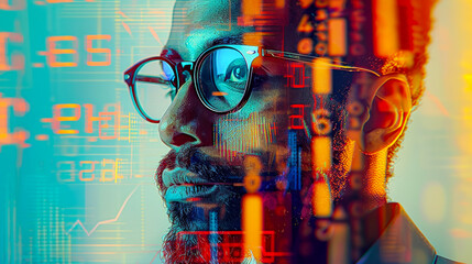 Poster - A modern man wearing glasses, blending seamlessly with vibrant data visualizations, illustrating the intersection of humanity and technology in today's digital age.