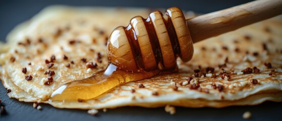 Poster - Golden Honey Drizzled on Delicious Crepe with Nut Crumbs in Close Up View Sweet Dessert Breakfast Food Photography Capturing Culinary Delights
