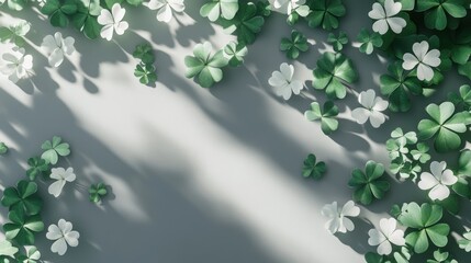 Wall Mural - 3d render of green shamrock leaves with white clover flowers on a grey background. st. patrick's day