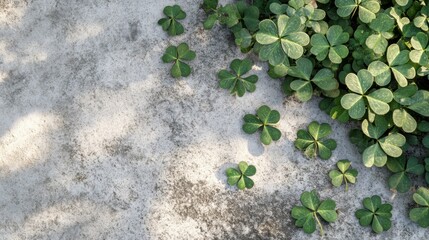 Wall Mural - 3d render of green shamrock leaves with white clover flowers on a grey background. st. patrick's day