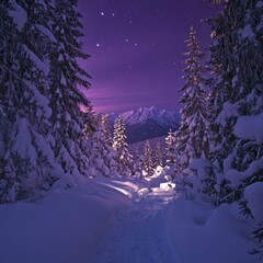 Wall Mural - enchanting winter wonderland scene with snow covered trees and a mountain range under a starry night