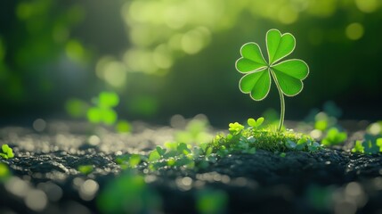Wall Mural - 3d render of green shamrock leaves with white clover flowers on a grey background. st. patrick's day