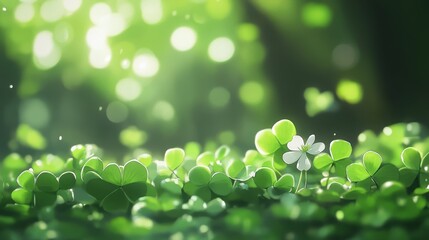 Wall Mural - 3d render of green shamrock leaves with white clover flowers on a grey background. st. patrick's day