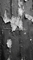 Poster - Monochrome weathered wooden surface with peeling paint creating a distressed texture and abstract pattern capturing artistic decay and rustic charm