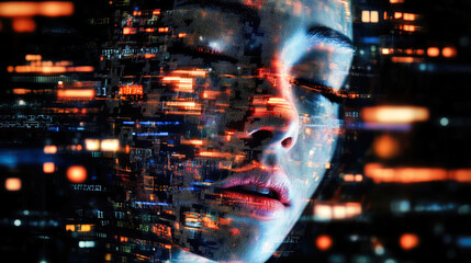 Poster - A captivating close-up of a face merged with colorful light representations, illustrating the intersection of digital art with human intuition and feelings.