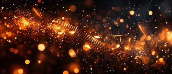Poster - Golden music notes shimmer on a dark background creating a magical musical atmosphere with bokeh lights and a sense of celebration and joy