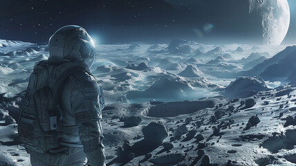 Aufkleber - This astronaut on the moon gazes at Earth and a bright, large moon while exploring.
