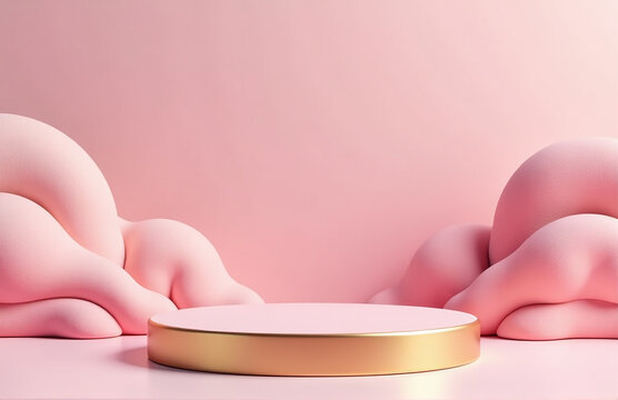 A 3d Rendered Image Showcases An Abstract Background With A Gold And Pink Colored Podium For Displaying Products And Artwork.