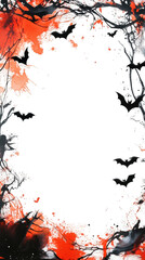 Poster - Vertical halloween frame with bats flying over orange and black branches, transparent background, ideal for spooky stories