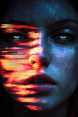 Poster - This captivating image showcases a close-up portrait with striking colors and abstract patterns, creating a surreal and futuristic atmosphere.