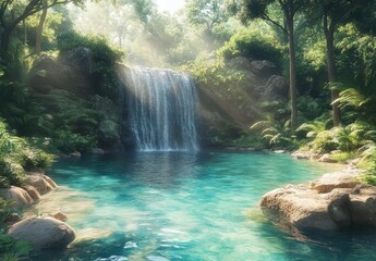 Poster - Serene Waterfall Amidst Lush Greenery with Sparkling Blue Pool Surrounded by Vibrant Flora and Soft Sunlight Breaking Through the Forest Canopy