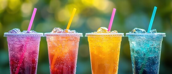 Poster - Refreshing colorful soda drinks with ice and straws against a blurred green background perfect for summer refreshment and thirst quenching