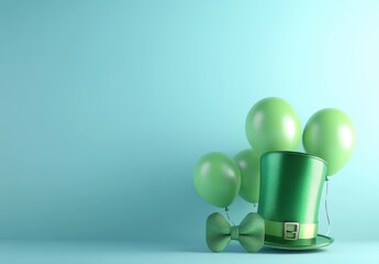 Wall Mural - 3d rendering of a st. patrick's day background with balloons, a bow tie, and a green hat on a light 