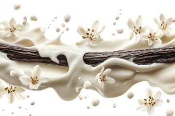 Poster - Vanilla Bean and White Flowers in Creamy Splash Aromatic Culinary Delightful Essence Sweet Flavorful Ingredient Artistic