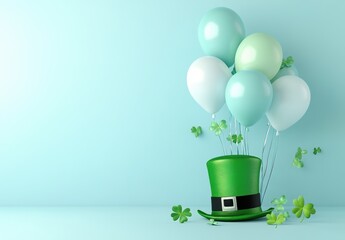 Wall Mural - 3d rendering of a st. patrick's day background with balloons, a bow tie, and a green hat on a light 