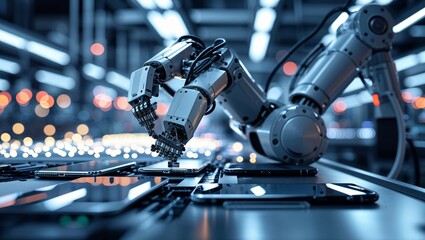 Poster - Advanced robotic arm assembling smartphones in a high-tech factory during night shift