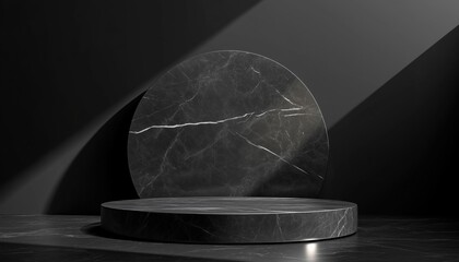 Poster - Premium Black Marble Product Display Stand: Abstract Geometric Art Deco Mockup With Copy Space For Showcase, Podium, And Stage.