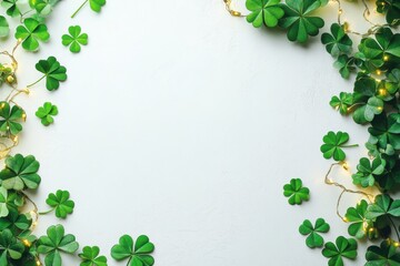 Wall Mural - st. patrick's day frame with clover leaves and golden lights on a white background